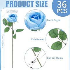 36 Pcs Artificial Roses with Long Stems, Blue Fake Silk Rose Sky Blue