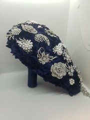 11” Rhinestone Brooch Bridal Bouquet Navy Blue Wedding Rose with Jewel Décor