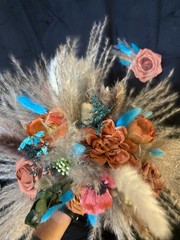 Teal and Burnt Orange fall BoHo theme with matching Boutonnière