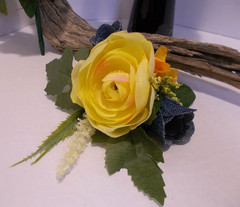 Bridal Denim Roses and Yellow Ranunculus Bouquet & Corsage & Boutonniere Set