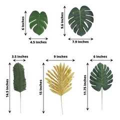 28 Green Gold Assorted SILK LEAVES Artificial Palm Tropical Monstera Stems Party