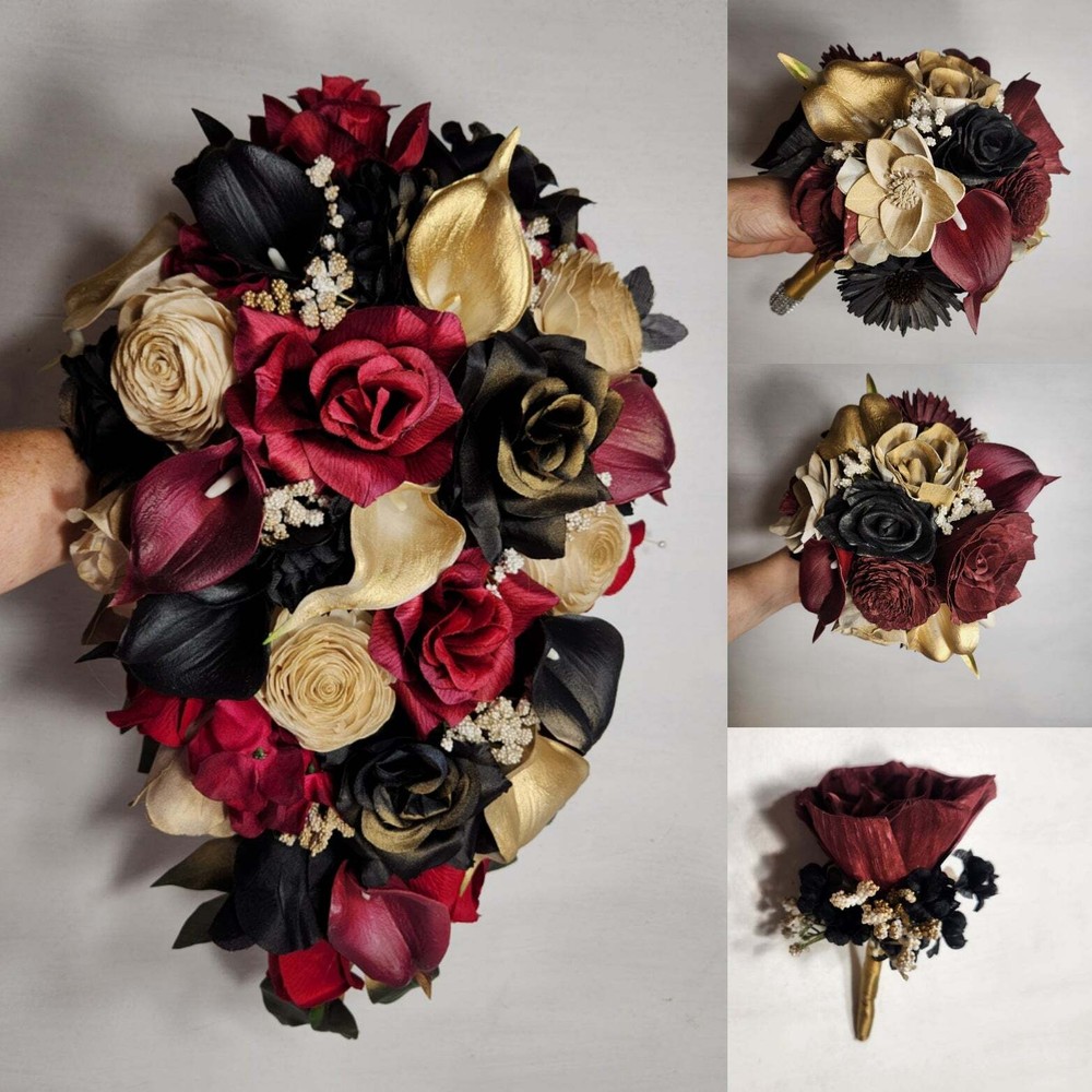 Champagne Gold Burgundy Black Sola Wood Bridal Wedding Bouquet Accessories