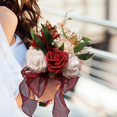 Wedding Bouquets for Bride, Burgundy & White Bridal Bridesmaid Flower with Silk