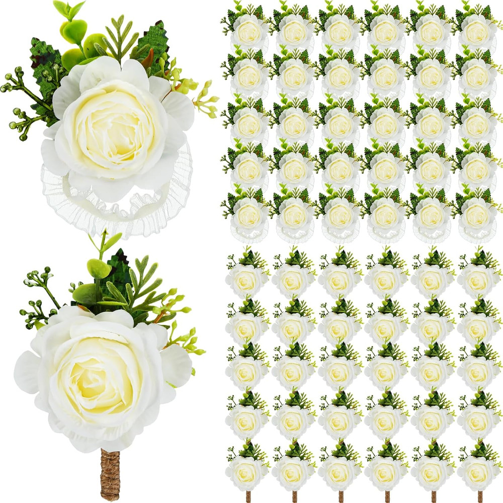 60 Pcs Ivory Rose Corsage & Boutonniere Set for Weddings & Parties