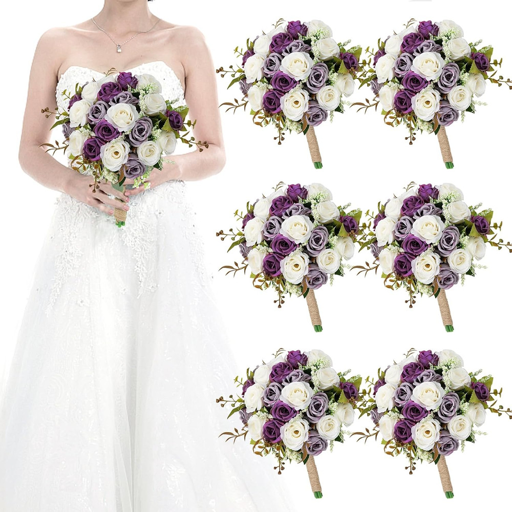 Set of 6 Dusty Purple Bridesmaid Bouquets – 7″ Ivory Flower Decor