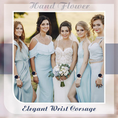6 Pcs Blue Rose Corsage Set Bridal Corsage Wrist Band Bracelet Hand Flower Weddi