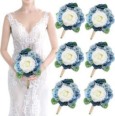 Dusty Blue & Peach Rose Bridesmaid Bouquets Set of 6 for Weddings