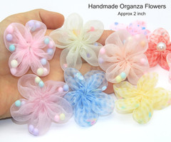 100 Pcs Satin & Organza Ribbon Bows Flower, Lace Patches Bead Appliques for Craf