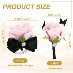 2Pcs Wrist Corsage Boutonnieres Set with Black Ribbon, Light Autumn Pink