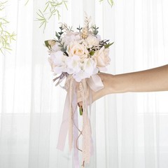 Elegant Artificial Wedding Bouquet with Champagne Roses & Hydrangeas – 7.5in