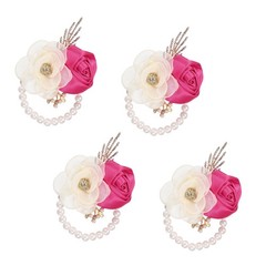 Rose Wrist Corsage, 4Pcs Wrist Corsage Bracelets Flower Wristlet, Rose Red