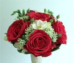 Silk Flower BRIDAL BOUQUET Red Rose and White Freesia, Boutonniere Included