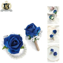 Sophisticated Royal Blue Flower Wrist Corsage & Boutonniere – Wedding Essentials