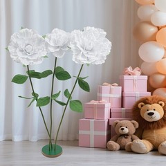 White Giant Artificial Flowers, Giant Rose, Artificial Flowers with Base Durable