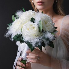 Wedding Rose Bouquet Bridesmaid Flower Bouquets, 11″ Feather White Rose Boho Wed