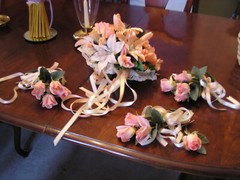 5Pc Wedding Pkg 12″ Bride Bouquet Silk Peach Roses & Lilies 3 Bridesmaid 1groom