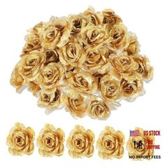 Psyqtsuary Gold Roses Artificial Flowers, 30 Pcs Fake Silk Gold Flowers Real