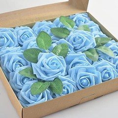 Artificial Rose, 25pcs Foam Artificial Flowers with Stem for Home Aqua Blue
