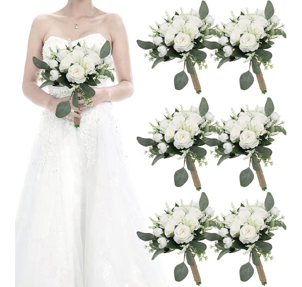 Artificial White Rose & Eucalyptus Wedding Flower Bouquets Set of 6, 9in x 11in