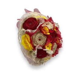 Bride Wedding Bouquet Red Yellow White Cream Burlap Rose Flower Lace Handmade