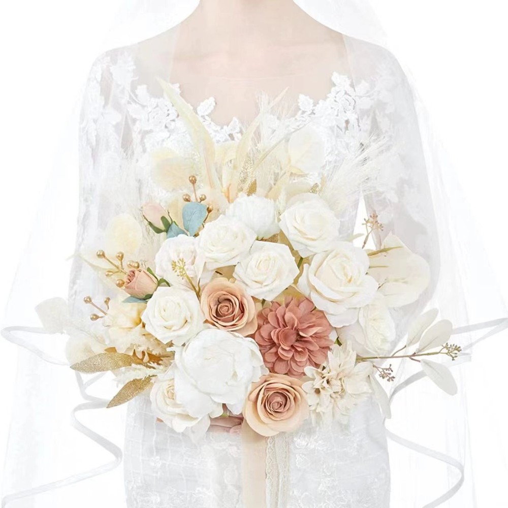 Artificial Rose Bridal Bouquet Ribbon Beaded Wedding Handheld Prop Decoration