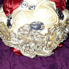 Bridal Satin Rose Brooch Bouquet w/ Rhinestones & Pearls Red Ivory Wedding