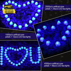 1000Pcs Blue Artificial Rose Petals with 12Pcs Blue LED Tea Lights Kit, for Déco