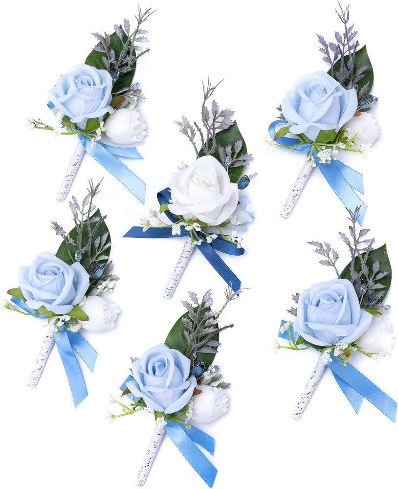 Blue Boutonniere for Men, 6 Pcs Groom Groomsmen Boutonnieres, Artificial Flowers