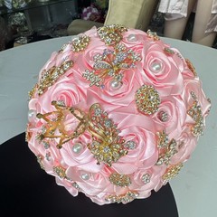 Bridal Bouquet Exquisite Rhinestones Silk Roses Pearls Handmade Wedding Bouquets