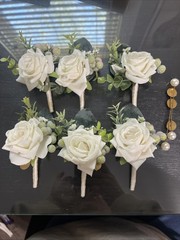 Boutonniere for Men 6pcs Groomsmen & Groom • Artificial Flowers Ivory Sage Rose