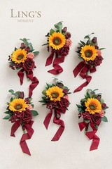 Ling’s Moment Set of 6 Sunflower and Burgundy Bridesmaid Bouquet Wedding Bouq…