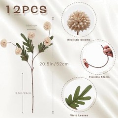 12Pcs Fake Kiku Flowers, Artificial Small Chrysanthemum Balls with Champagne