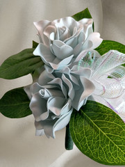 Handmade gardenia wrist corsage and boutonniere Set (light powder blue)