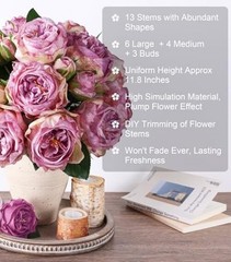 florisso Purple Austin Rose Faux Flowers – 13 Branches Faux Small Austin-purple