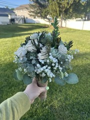 Solo Wood White and Green Wedding Flower Bouquet with Roses and Succulents