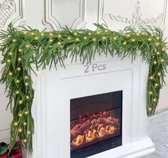 2Pcs 6 Ft Artificial Norfolk Pine Garland with 50 LED Lights,Winter Pine