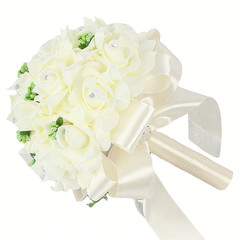 Elegant Crystal Pearl Bridal Bouquet with Satin Ribbons and Rhinestone Accents f
