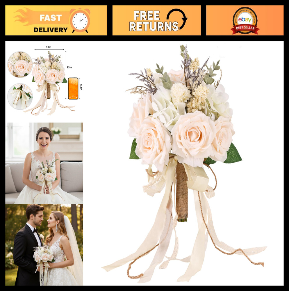 Elegant White Champagne Artificial Rose Wedding Bouquets for Bride & Bridesmaid