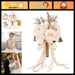 Elegant White Champagne Artificial Rose Wedding Bouquets for Bride & Bridesmaid