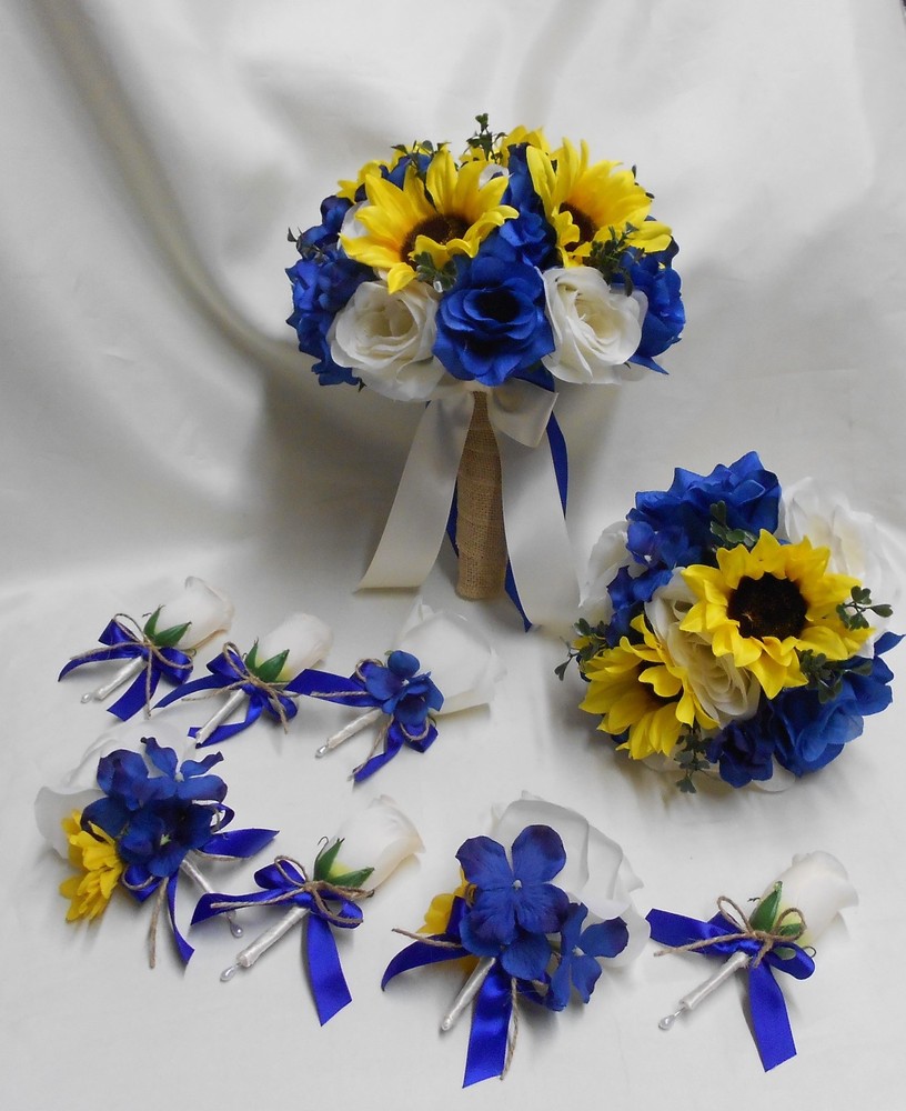 Rustic Package Silk Flower Wedding Bridal Bouquet Sunflower Royal Blue Burlap