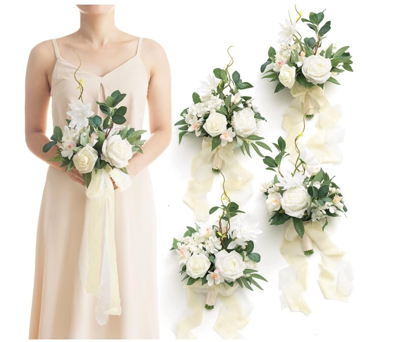 Artificial Flowers White Bridesmaid Bouquet Set of 4, White & Sage Wedding Flowe