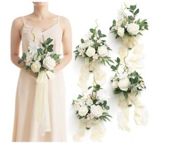 Artificial Flowers White Bridesmaid Bouquet Set of 4, White & Sage Wedding Flowe