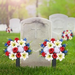 MARTINE MALL 2 Sets Artificial Cemetery Flowers 2 Sets, Red & White & Blue
