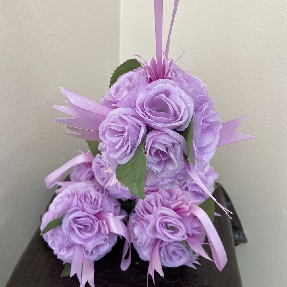 Set Of 6 Light Purple Artificial Flower Ball Hanging Decoration