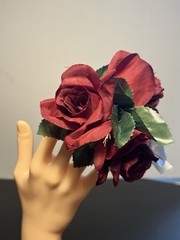 Vintage 1980s Silk Wrist Corsage Burgundy Double Rose White Ribbon, 5” FREE SHIP