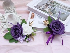 2Pcs Corsage and Boutonniere Set,Artificial Foam Rose,Groom Dark Purple