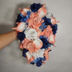 Coral Navy Blue White Rose Calla Lily Bridal Wedding Bouquet Accessories