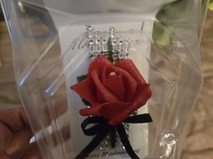 2 Handmade Artificial Silk Rose Wedding Boutonniere Red Black Ribbon