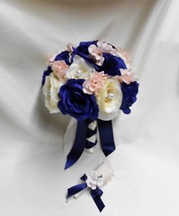 Wedding Silk Flower Bridal Bouquets 18 pcs Package Ivory Navy Blue Pink/Blush