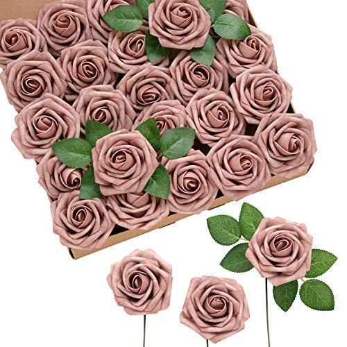 Ling’s Moment 50pcs Dusty Rose Artificial Roses Flowers with Stem for DIY